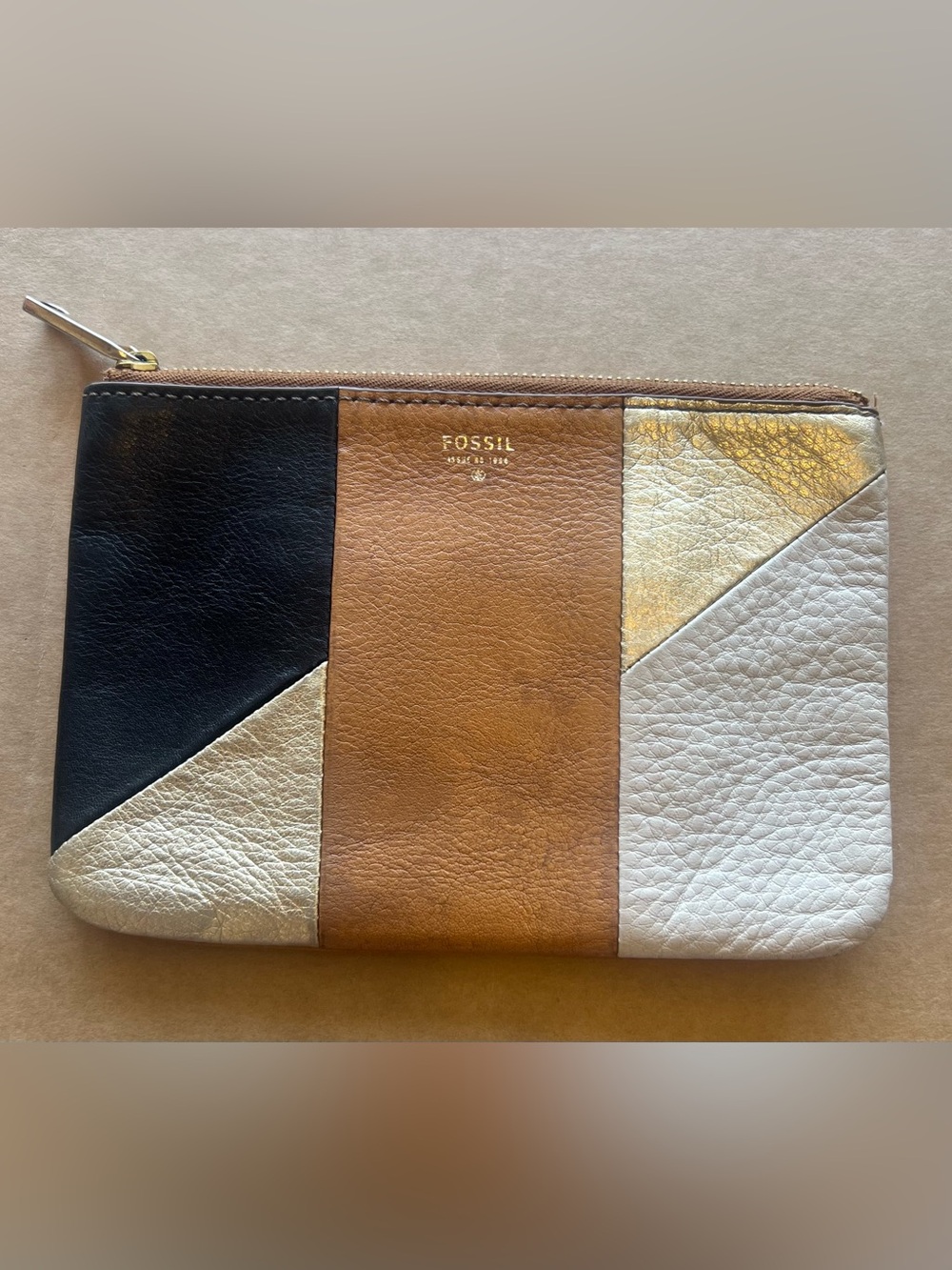 Fossil Colorblock Leather Zip Pouch in Black, Tan, Gold, Cream
